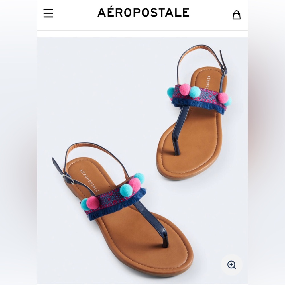 Aeropostale Pom Pom T-Strap Sandal Stylw 0354 Size 6 NWOT Pink Aqua Navy Fringes